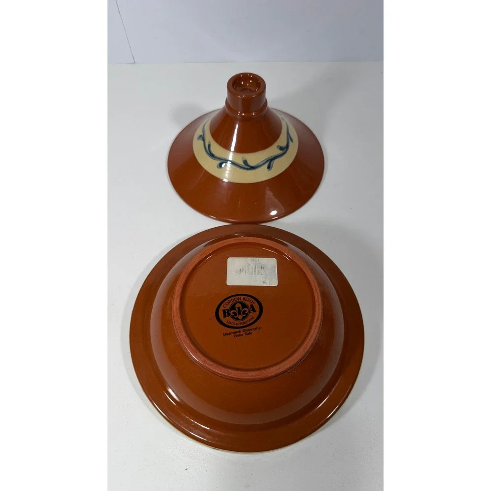 BIA Cordon Bleu BOLA Tagine Pot Portugal Glazed Ceramic Terracotta Blue Vine 9in